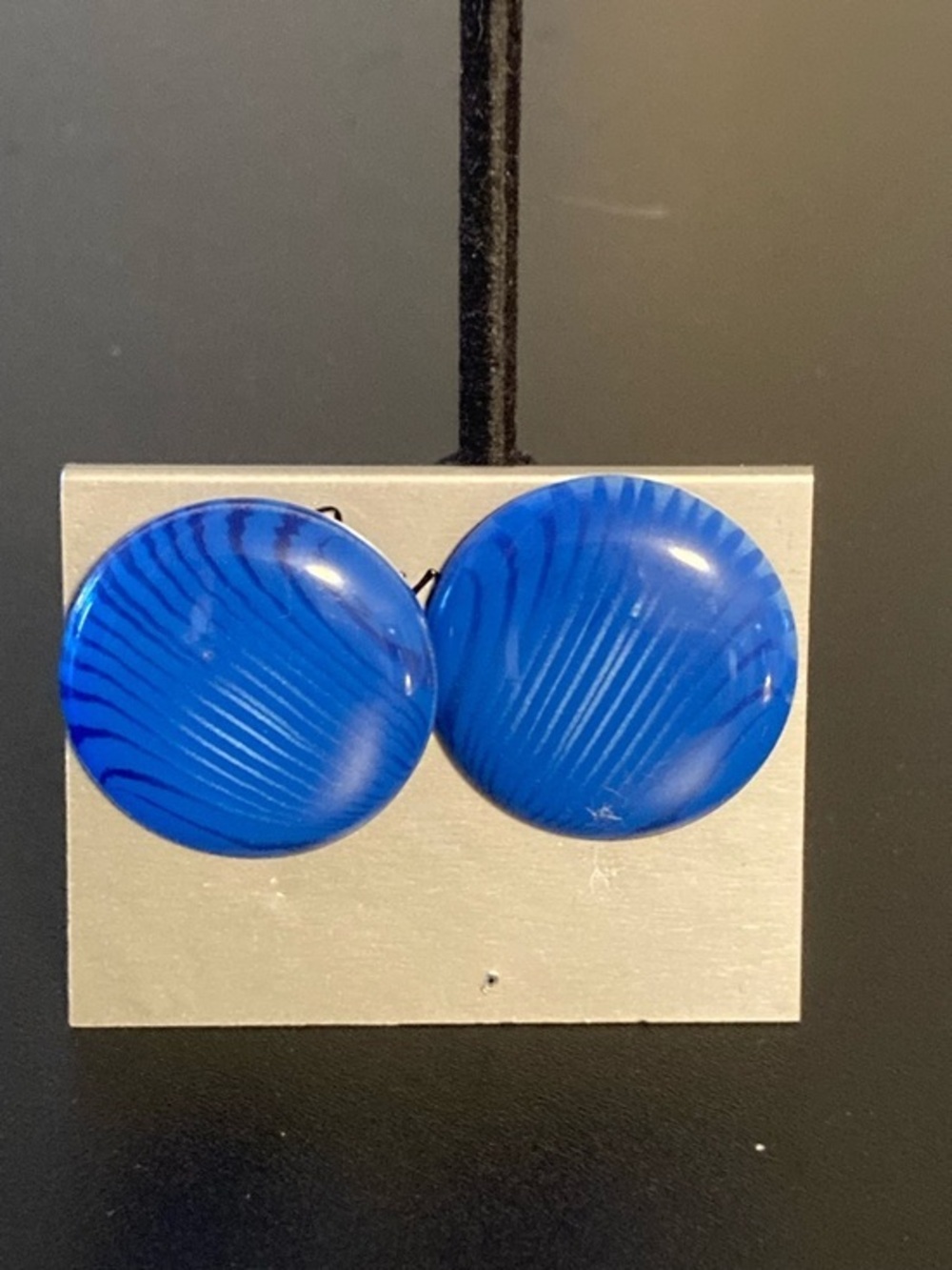 Blue Round Button Earrings - Bold Stripe Detail